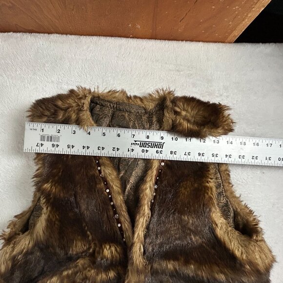 Baxis & Baxis Faux Fur Brown Vest with Paisley Lining Beaded Trim Medium Pockets - Picture 5 of 6